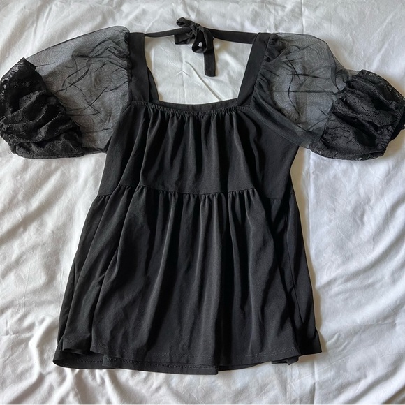 TEMPTED hearts lace puff sleeve organza baby doll top solid black size small - Picture 1 of 13
